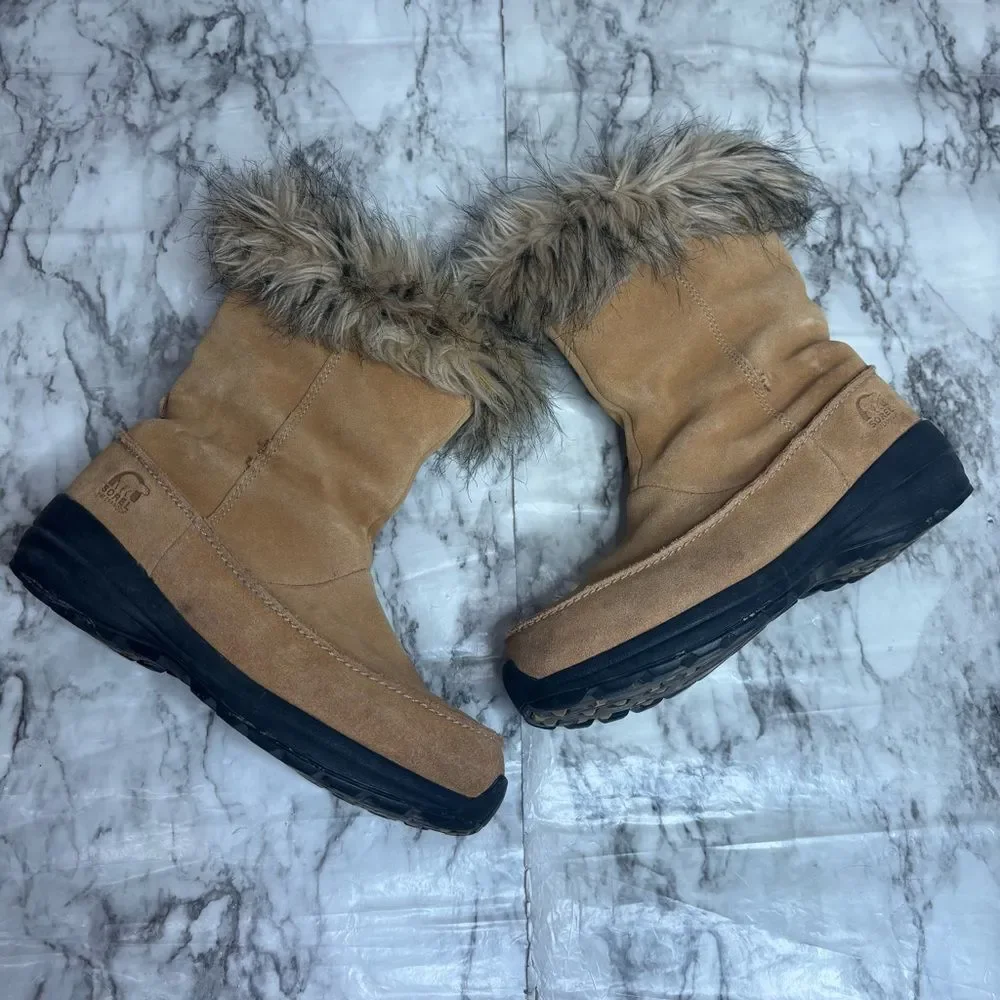 Sorel Northern Lite Tall Snow Boots Waterproof Suede Faux Fur Brown tan 9